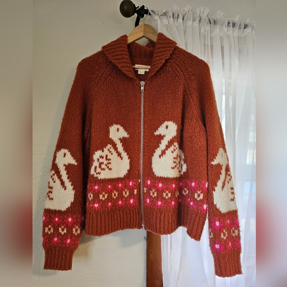 Maeve by Anthropologie Shawl Collar Zip Up Swan Cardigan Sweater
